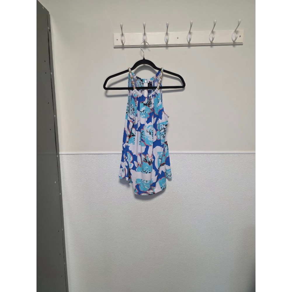 Women's Kaari Blue‎ Floral Chain Strap Halter Tank Top M Blue White
